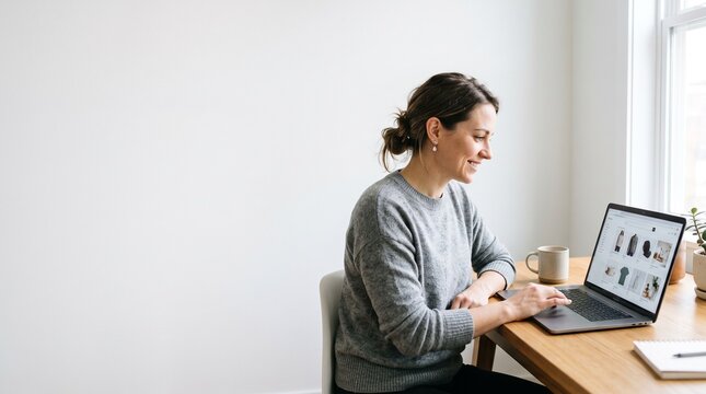 Woman smiling while shopping online on her laptop computer at a wooden desk with a mug and notebook