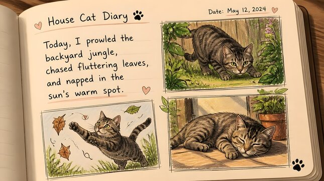 Domestic cat journal entries with illustrations of playful and resting feline activities