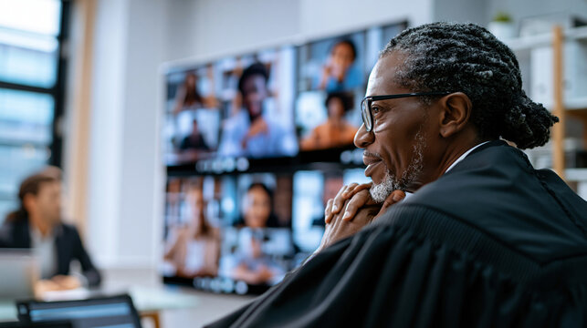 Over the shoulder rear view of a judge in black robe presiding over a virtual court hearing with multiple participants displayed on large wall mounted digital screens bright