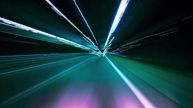 Nighttime Drive Through Illuminated Road Lights With Motion Blur Effects. Hyperlapse Road Trip. Driving Along a Highway at Night Featuring Bright Streetlights Overhead and Motion Blur Effects.