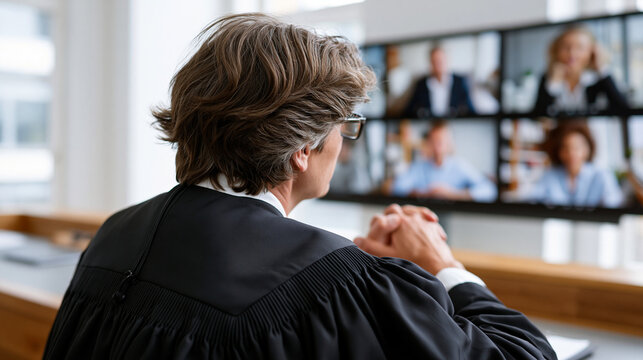 Over the shoulder rear view of a judge in black robe presiding over a virtual court hearing with multiple participants displayed on large wall mounted digital screens bright