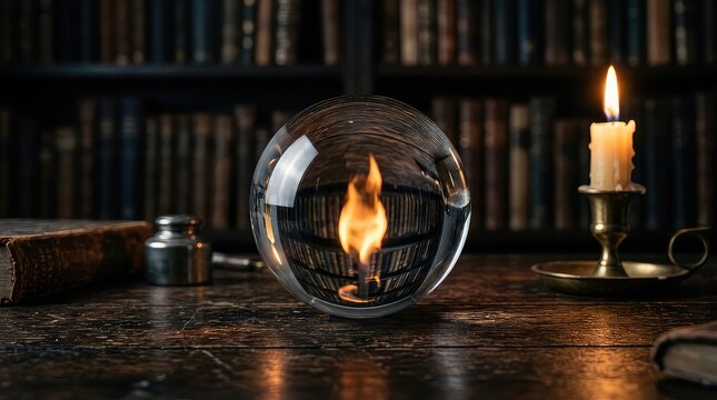 Crystal ball with mystical fire flame on wooden table. Esoteric fortune-telling ritual with glowing orb and candlelight ambiance.