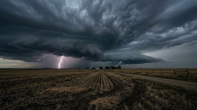 Lightning strike over a dark stormy field. Dramatic supercell storm with heavy rain clouds.