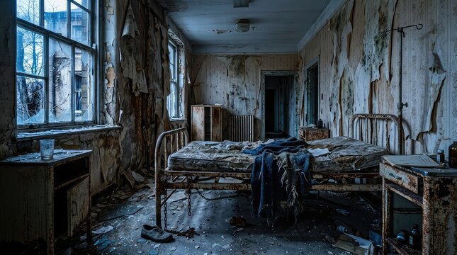 Abandoned hospital room with old bed. Derelict asylum ward with peeling walls and decay.