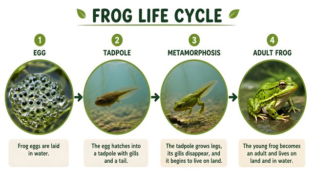 Frog life cycle showing egg tadpole metamorphosis and adult frog stages