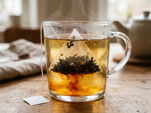 Clear glass mug with hot herbal tea bag steeping in warm water on a rustic wooden table in a cozy kitchen setting