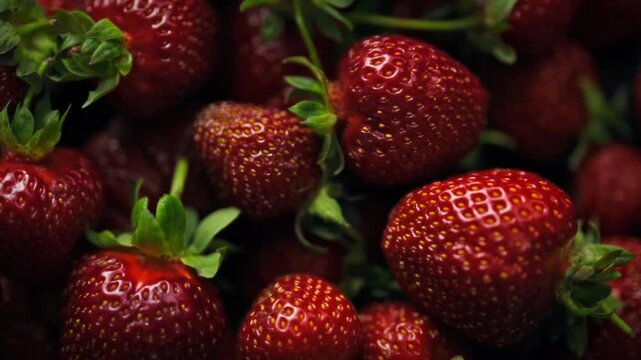 Showcasing fresh fruit red strawberries lie on a table, green leaves visible, top-down view reveals berry texture and structure, red color and surface detail - theme of natural fruit presentation