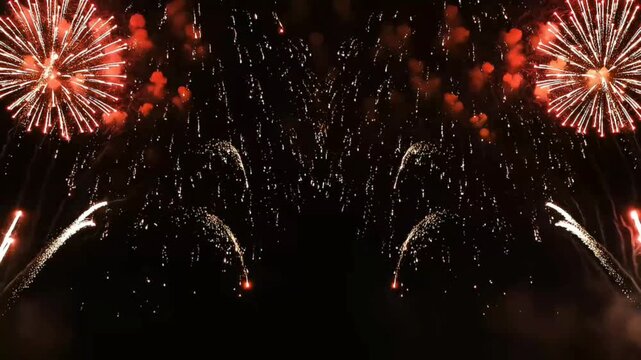 Spectacular golden and red fireworks exploding on the sides with copy space in the center. New Year celebration and event promo background overlay.