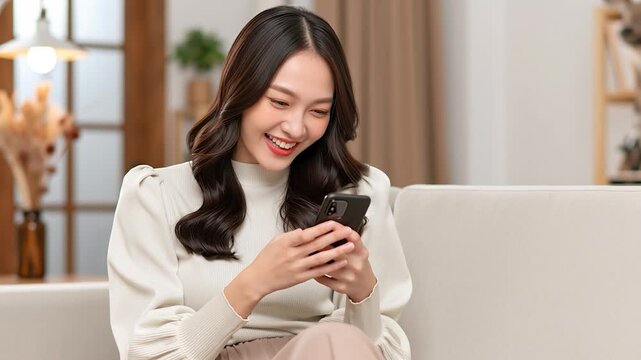Smiling Asian Woman Using Smartphone While Relaxing on Sofa at Home, Mobile Communication and Digital Lifestyle Concept