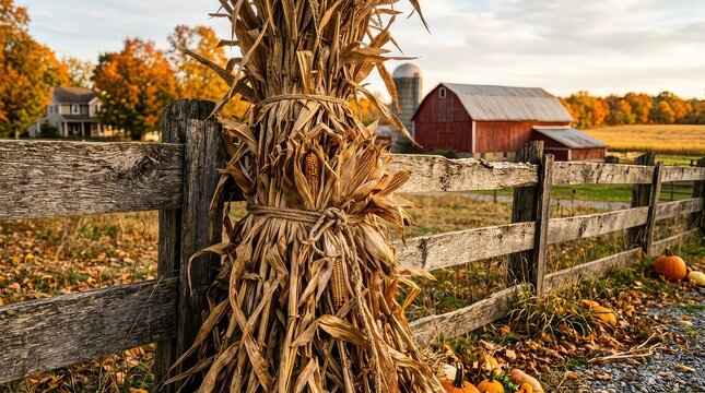 Autumn corn stalks by a wooden fence. Fall harvest scene with a rustic red barn background.