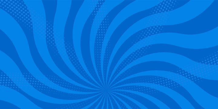 Pop art comic blue background with halftone, rays, gradient. Vector cartoon illustration in retro style. Design for comic book, poster, banner