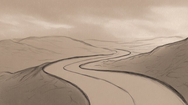 Winding road through rolling hills landscape sketch