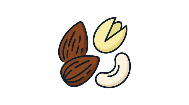 Almond, pistachio and cashew nuts depicted in colorful flat vector illustration design for healthy snack branding