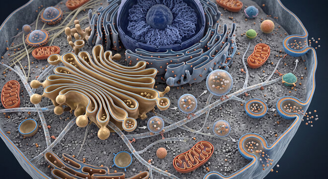 Ultra Detailed 3D Scientific Illustration of Human Cell Vesicles Showing Membrane Bound Transport Vesicles Golgi Derived Packaging Intracellular Trafficking Endocytosis and Exocytosis