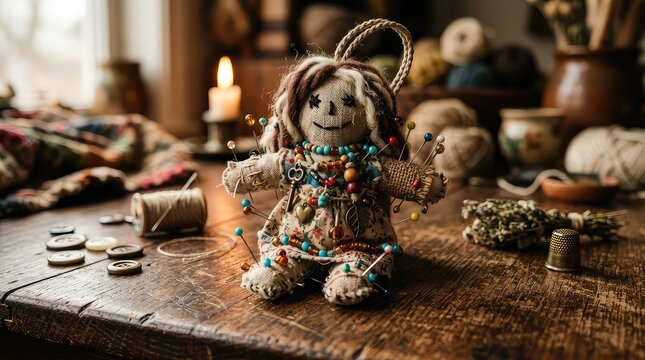 Handmade voodoo doll on a wooden table. Rustic witch craft doll with pins and beads.