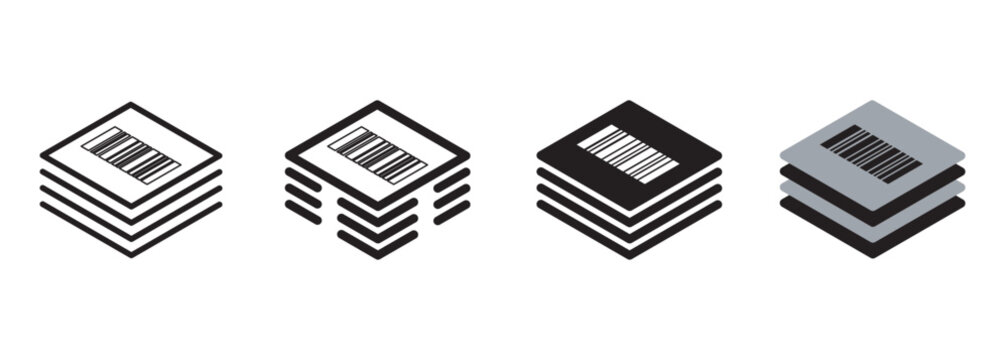 Material traceability icon with stacked raw material sheets labelled with a barcode tag representing smart factory inventory tracking, digital manufacturing supply chain management, and tech.