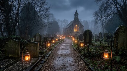 Naklejka premium Misty graveyard with glowing lanterns on Halloween night. Spooky cemetery scene featuring fog, tombstones, and eerie illumination for horror themes.