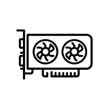 Simple line art icon of a computer graphics card with dual fans used for gaming, crypto mining, and hardware processing