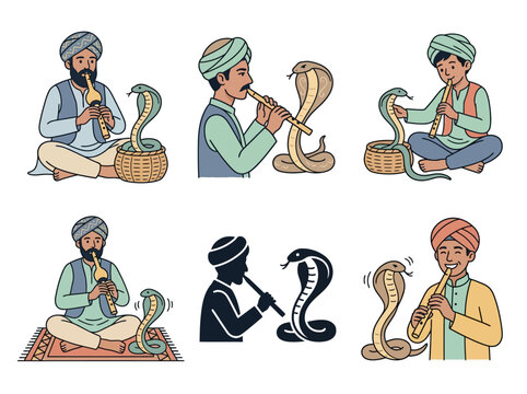 Indian snake charmers playing flutes for cobras in cartoon style