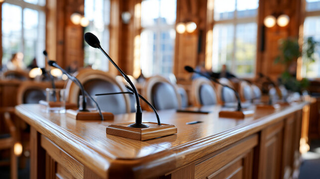 Empty bright courtroom with rows of wooden desks and small microphones at every seat daylight streaming through tall windows courtroom microphones interior judiciary empty