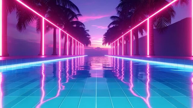 A retro-futuristic scene with palm trees, neon lights, and a pool reflecting a sunset