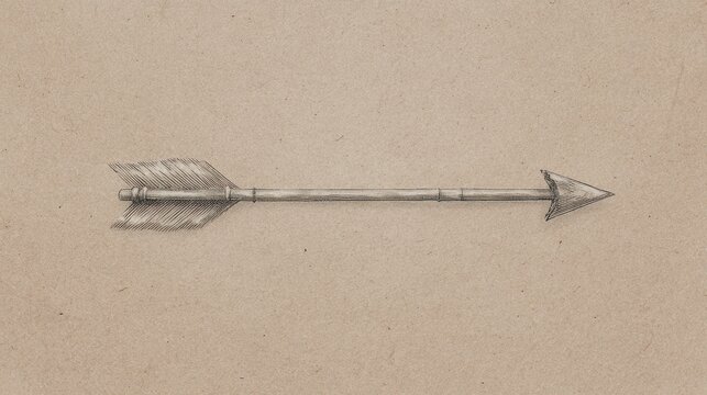Historic arrow with feather fletching and pointed tip isolated on textured background