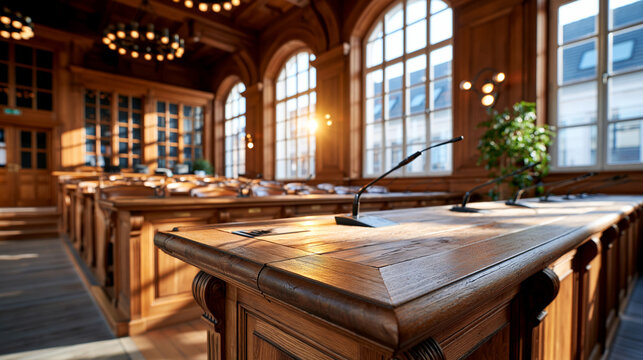 Empty bright courtroom with rows of wooden desks and small microphones at every seat daylight streaming through tall windows courtroom microphones interior judiciary empty