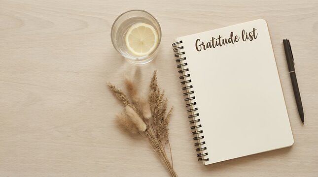 High angle view of notebook or personal diary with handwritten text Gratitude list pen water with lemon grasses. Wellness. Selfcare. Gratitude journal. Mindfulness morning practice. Selective focus.