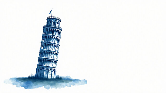 Artistic watercolor Leaning Tower of Pisa on white background with soft brushstrokes and clean composition