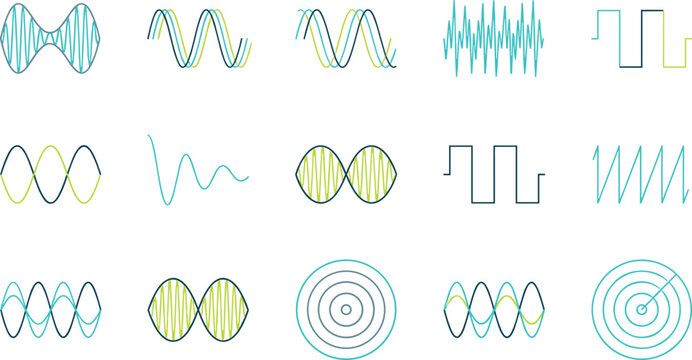 Sound Waveforms and Audio Signal Icons Collection Featuring Frequency, Oscillation, Pulse, Wave Patterns, and Acoustic Technology Vector Illustration Set