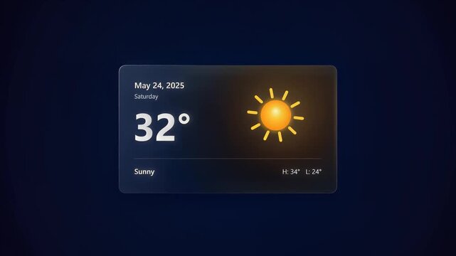Digital weather widget showing sunny day with temperature of 32 degrees. 4K Video