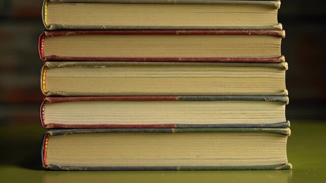 A high-detail front-facing close-up of a stack of five vintage hardcover books.