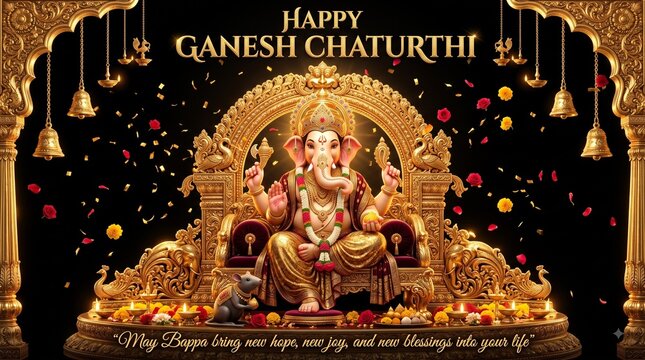 Ganesh chaturthi greeting card featuring lord ganesha seated on a golden throne with traditional decorations and floral petals floating in a festive atmosphere celebrating hindu spirituality 