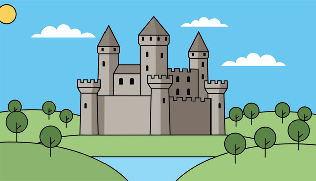 Beautiful medieval stone castle with high towers standing on a grassy green hill next to a river under a blue sky.