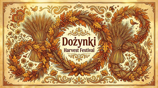 Vintage harvest festival illustration with wheat and wreaths
