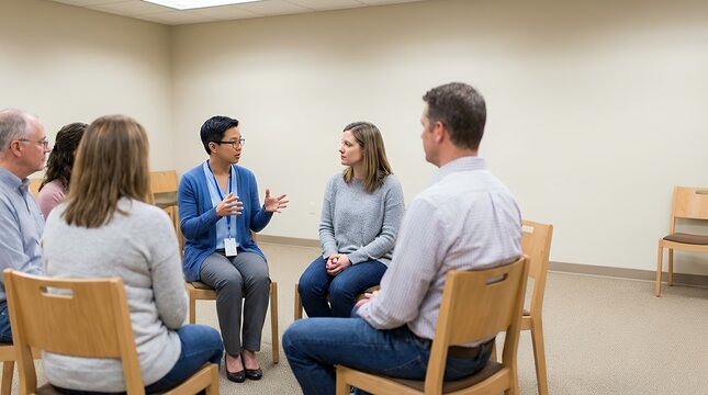 Two people engaged in behavioral psychotherapy during a group session representing mental health support two people behavioral psychotherapy group session mental health therapy concept nobody else