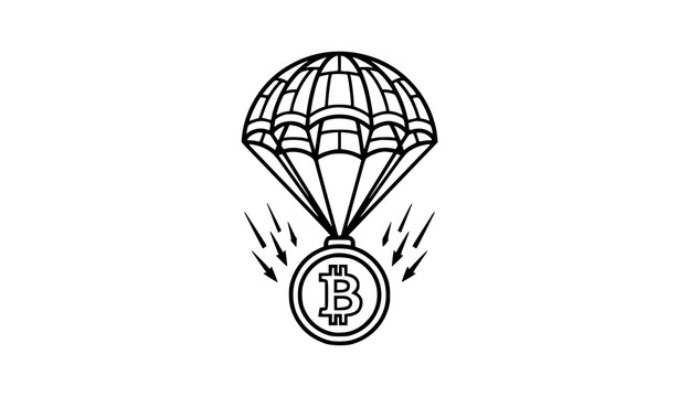 Bitcoin airdrop linear logo mark with crypto token and parachute line icon vector illustration