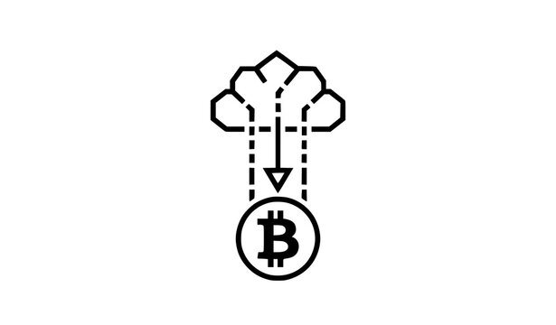 Digital cloud bitcoin airdrop linear logo mark with dashed data line vector icon set