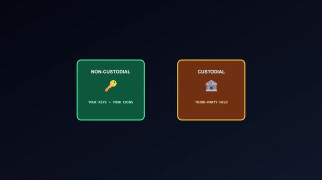Non-custodial vs custodial cryptocurrency wallets comparison: understanding secure digital asset storage and third-party control animation 4k