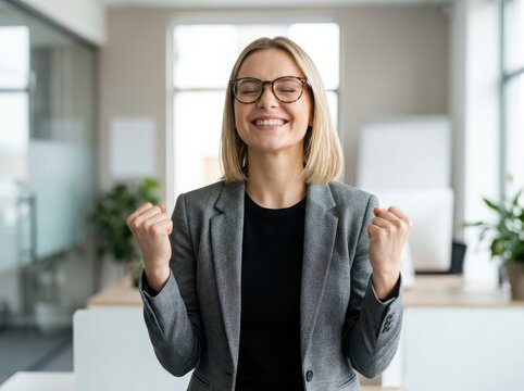 Happy successful businesswoman celebrating a win in a modern bright office with her fists clenched and a joyful smiling face