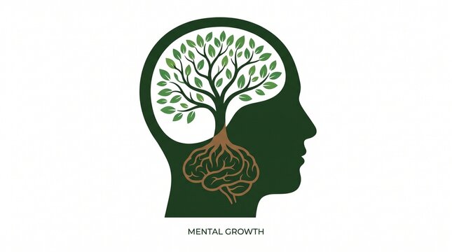 Mental growth concept with tree in human head silhouette with brain symbolizing mental dark green silhouette growing out brain depicts dark consciousness intelligence with illustration