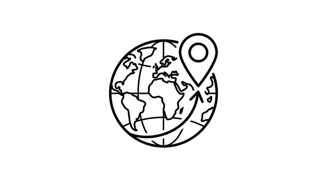 Minimalist line icon of a globe with a location map pin and a curved arrow representing global navigation and logistics