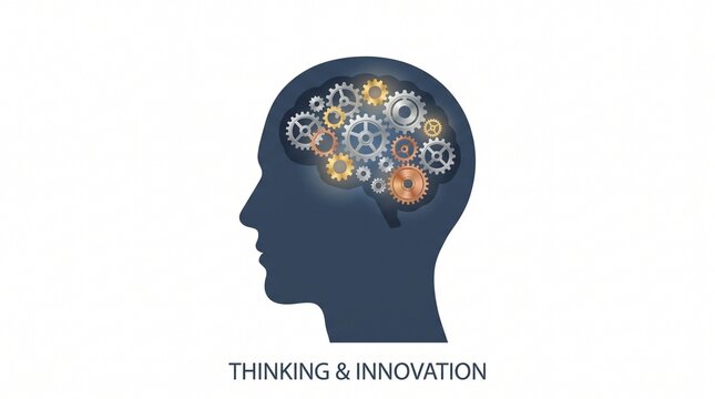 Thinking and innovation concept with human head silhouette with brain filled various sized interlocking gears shades gray dark blue silhouette problem solving depicts dark