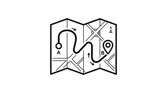 Folded paper map with a drawn route from point A to point B for navigation and travel planning