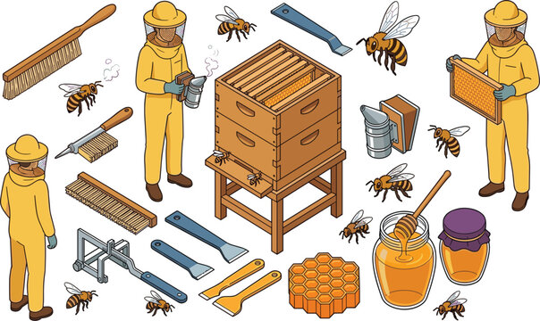 beekeeping vector set with beekeepers in protective suits beehive honey jars bees combs and professional apiary equipment elements