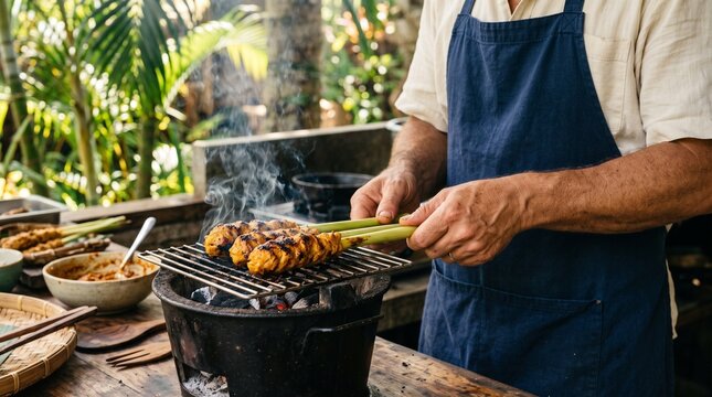 Chef grills satay lilit in an open-air island kitchen