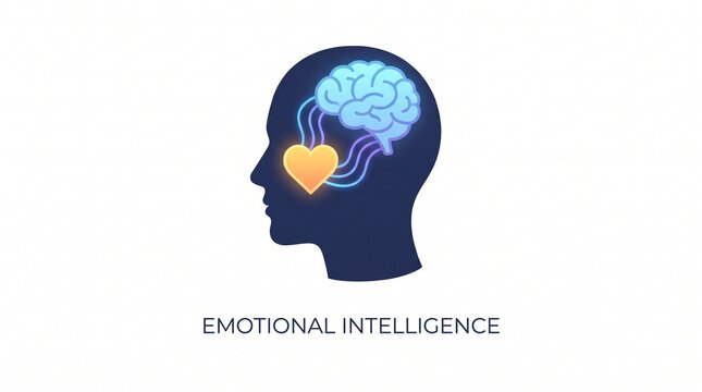 Emotional intelligence concept with human head silhouette with glowing yellow heart light blue brain visible inside depicts dark blue mental health neuroscience symbolizing