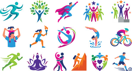 Colorful sports and wellness logo vector set featuring running cycling gymnastics yoga family superhero and active lifestyle icons © CHANDANARANI