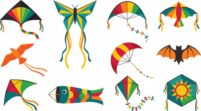 Colorful flying kites vector set featuring diamond butterfly bird bat fish and festival wind toys isolated on white background
