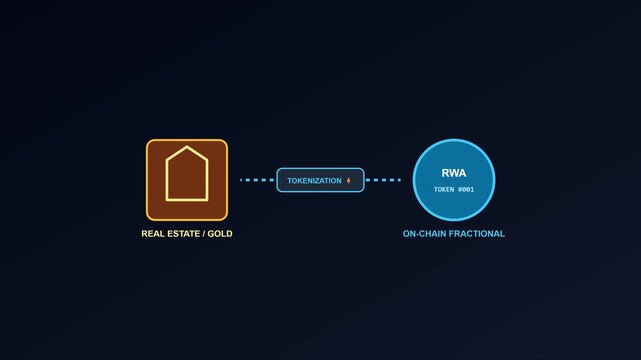 Real estate gold tokenization process: on-chain fractional rwa investment concept for digital finance and blockchain technology animation 4k